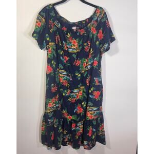 Lands End Navy Tropical Floral Dress M Cotton Off Shoulder Ruffle Hem